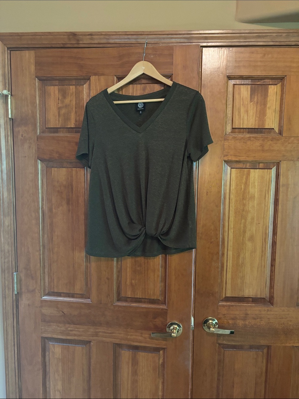 bobeau Olive Green V-Neck Short Sleeve Tee with Front Twist